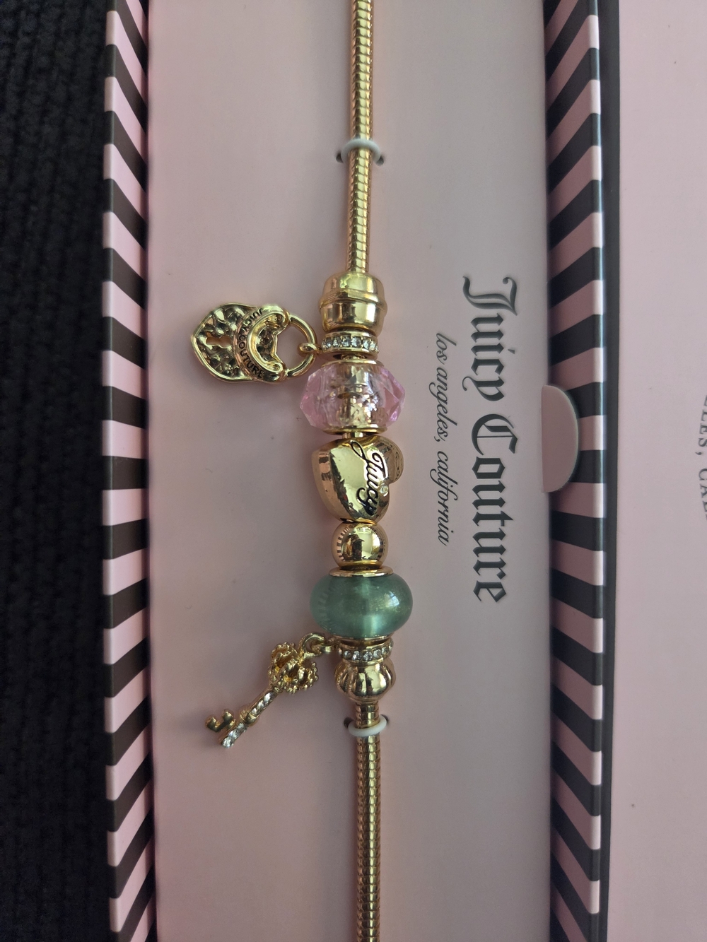 Juicy Couture Gold-Tone Charm Bracelet with Pink and Teal Beads